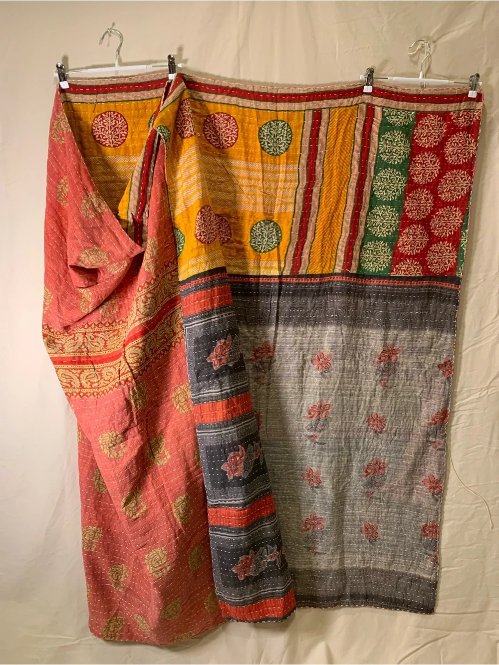 Handmade Kantha Quilt Twin Size Recycled Sari Cotton Mustard Red Green Grey